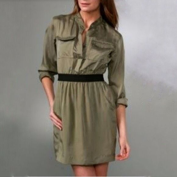 Theory Olive Green 100% Silk Army Dress Size 6 - Picture 1 of 10